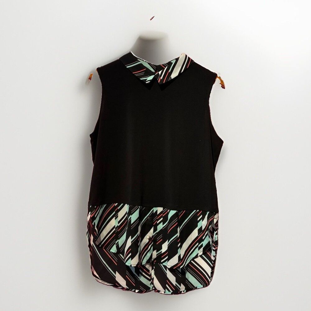 ELLE Womens L Black Geometric Sleeveless Collared Layered Blouse Career Top